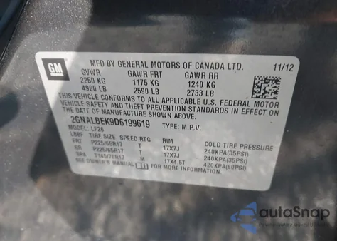 2013 Chevrolet Equinox Ls из США, поврежденный, VIN 2GNALBEK9D6199619